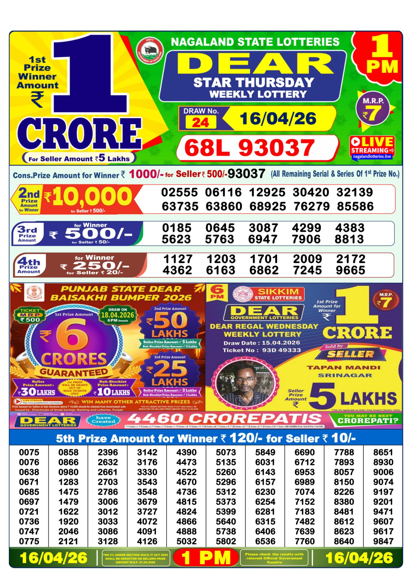 Dear Lottery 1PM Result
