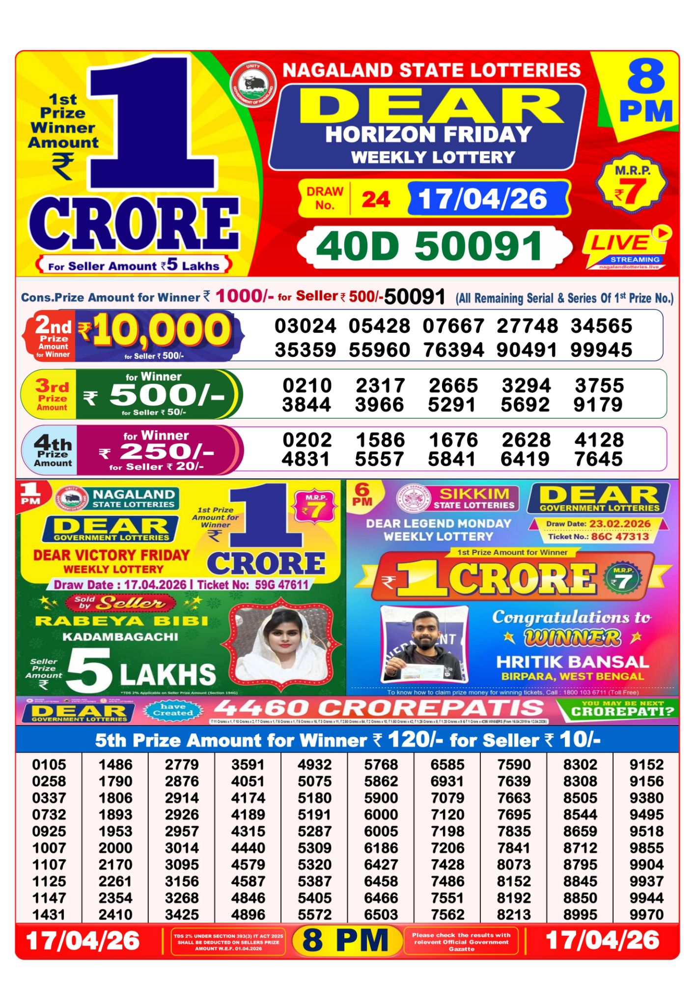 Dear Lottery 8PM Result