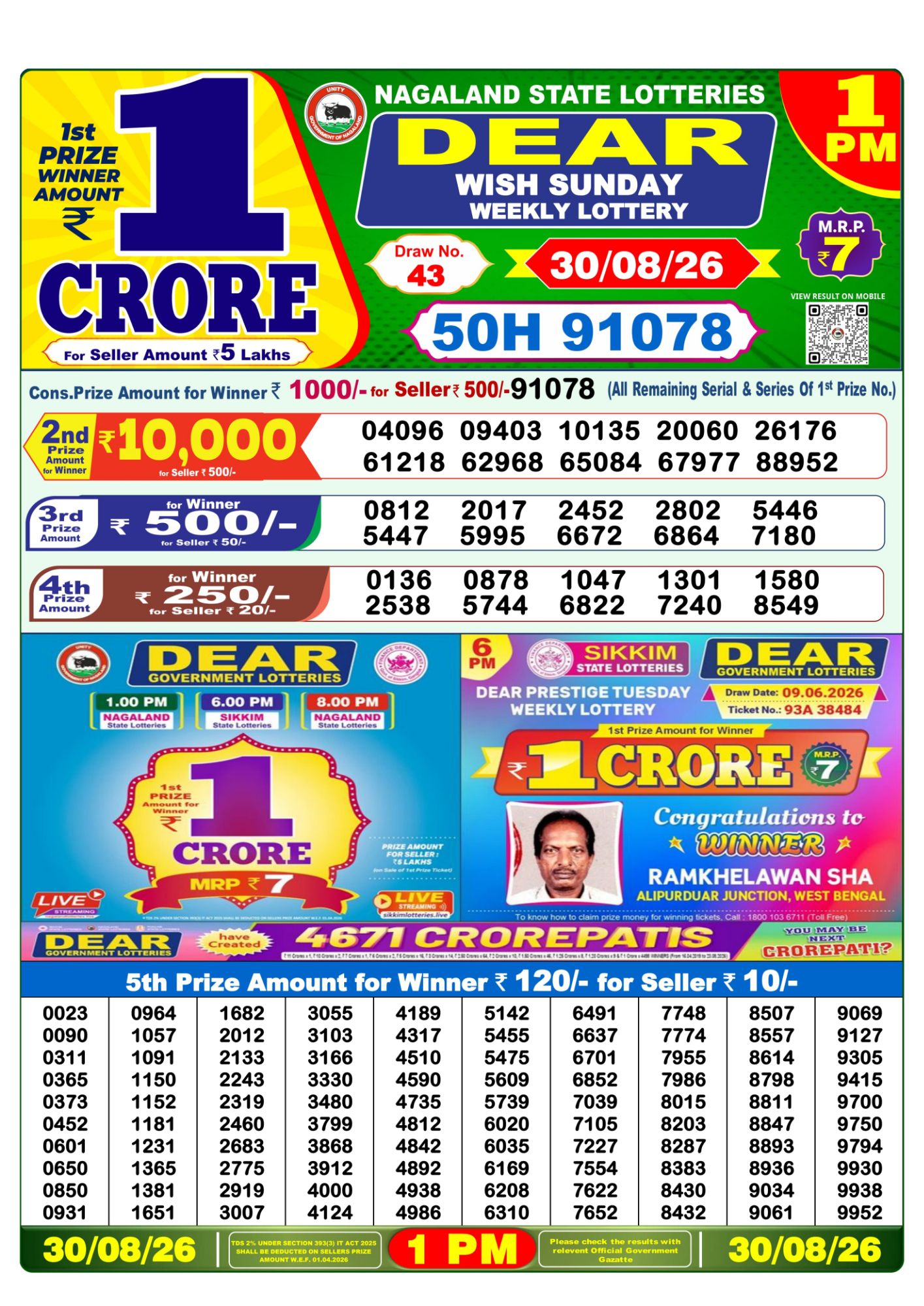 Dear Lottery 1PM Result