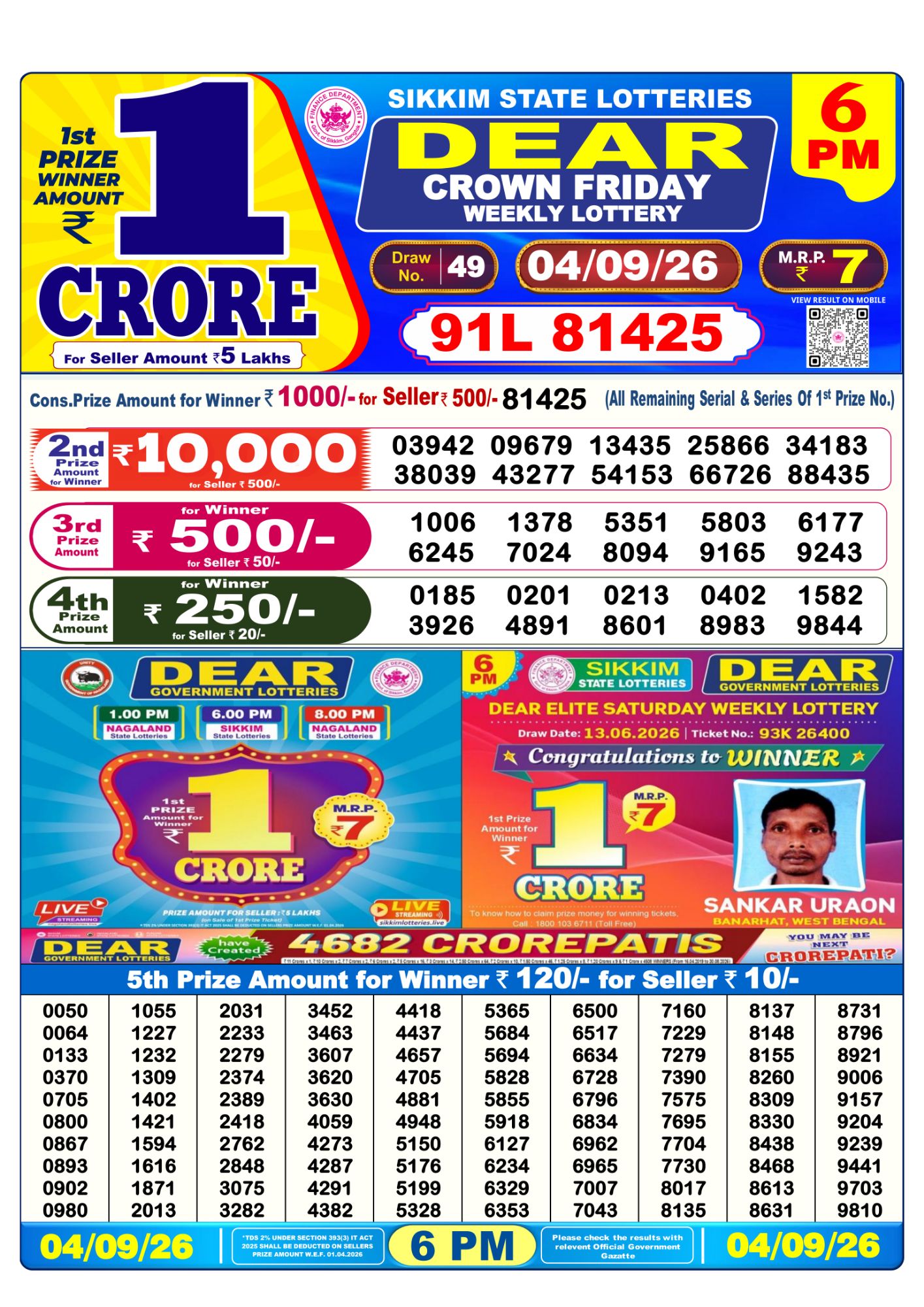 Dear Lottery 6PM Result