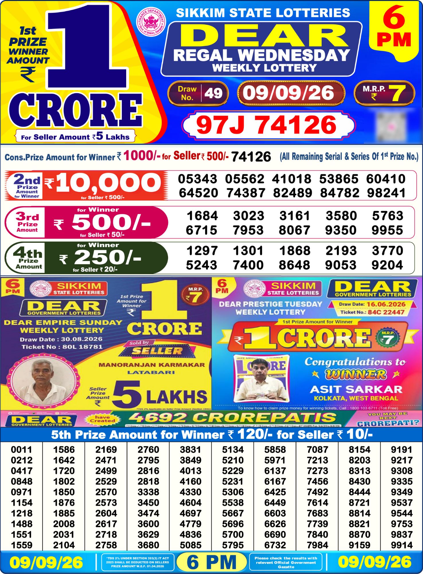 Dear Lottery 6PM Result
