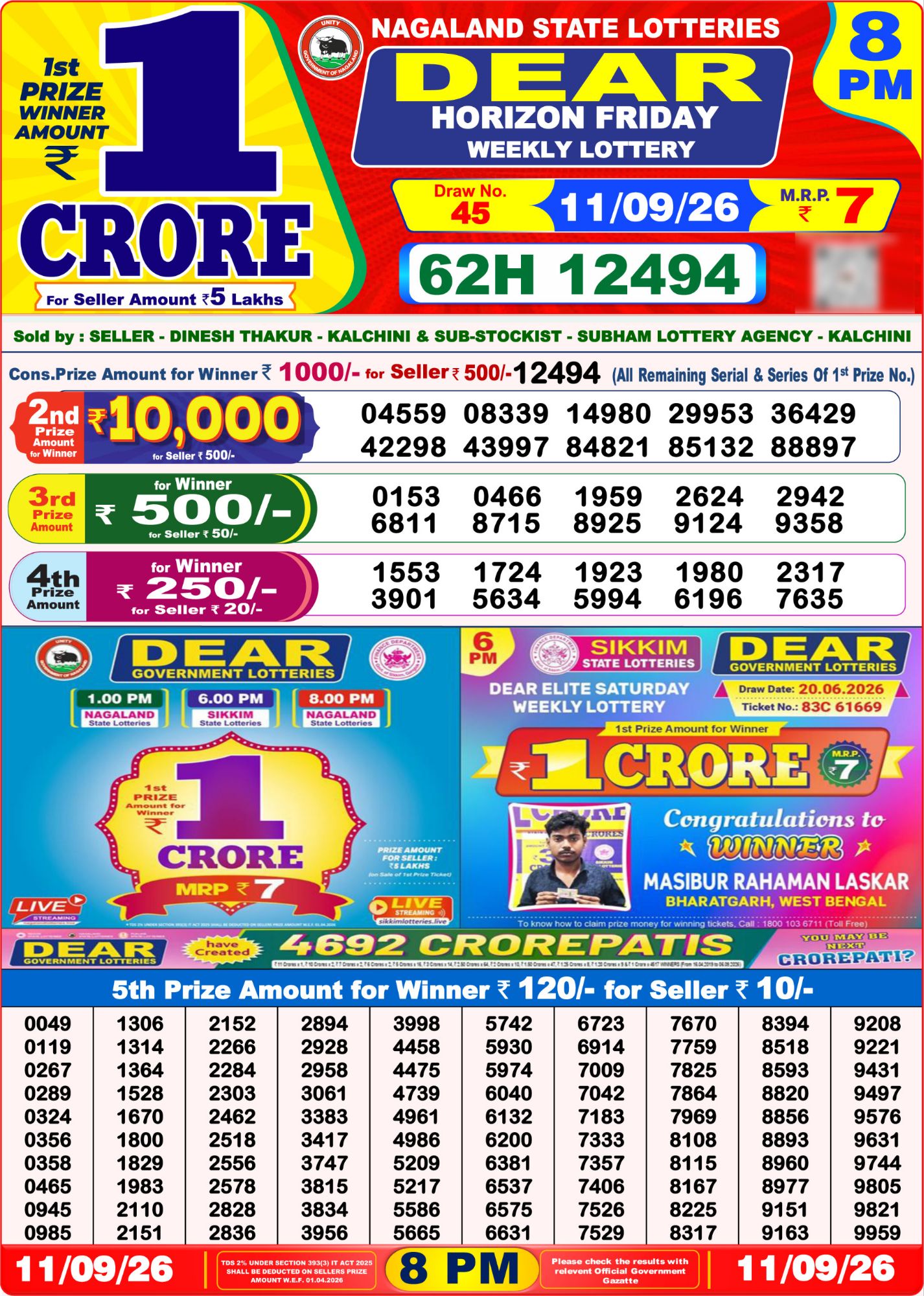 Dear Lottery 8PM Result