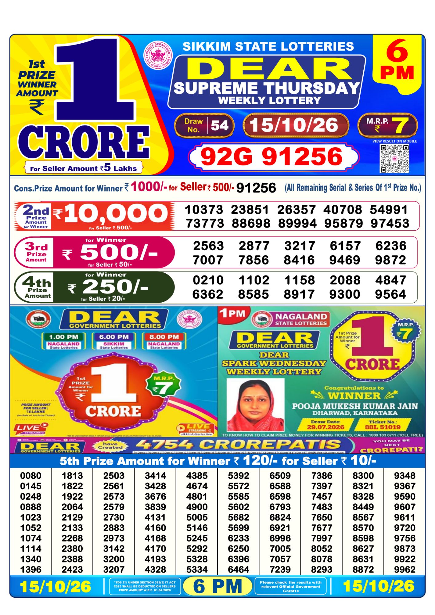 Dear Lottery 6PM Result