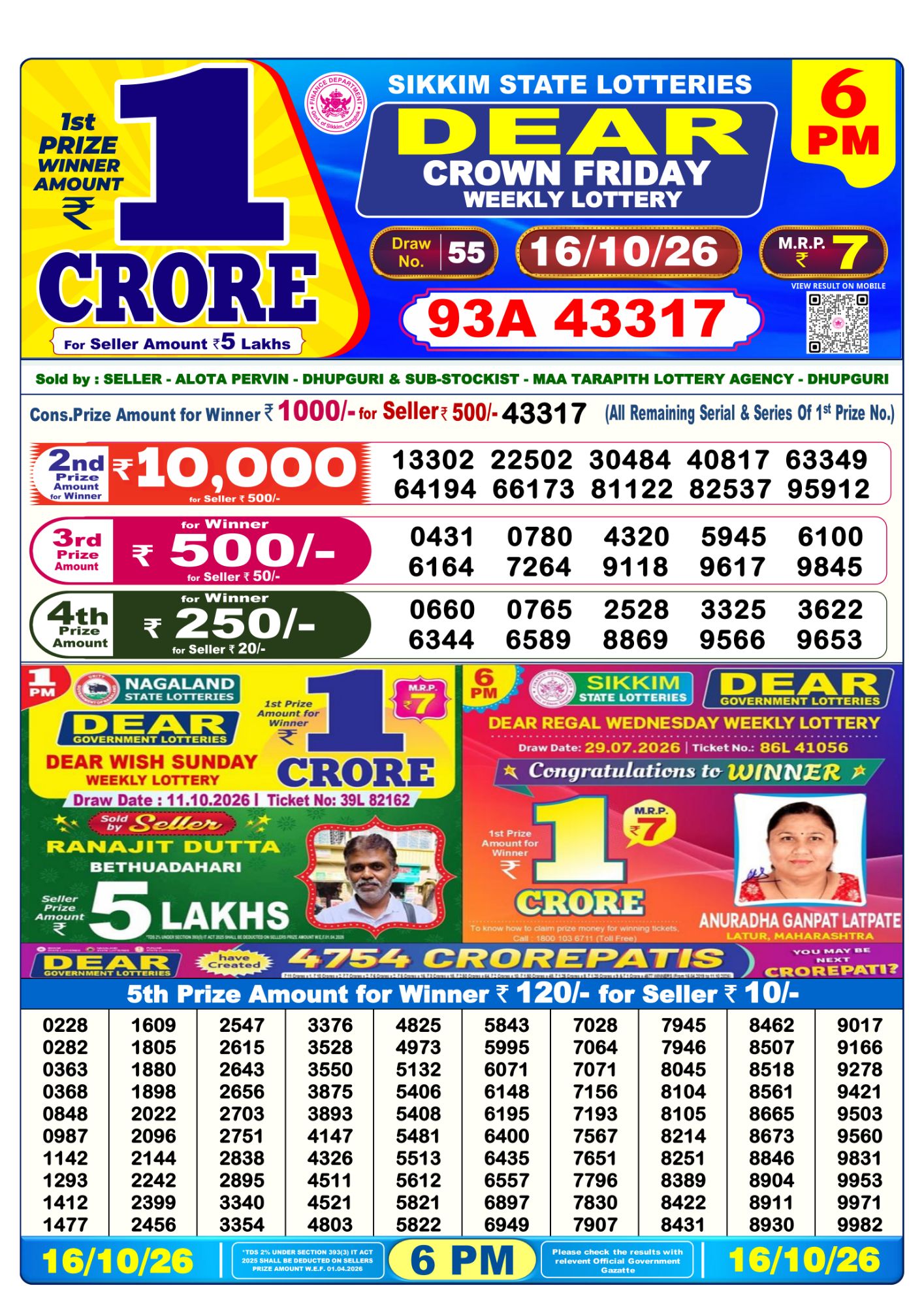 Dear Lottery 6PM Result