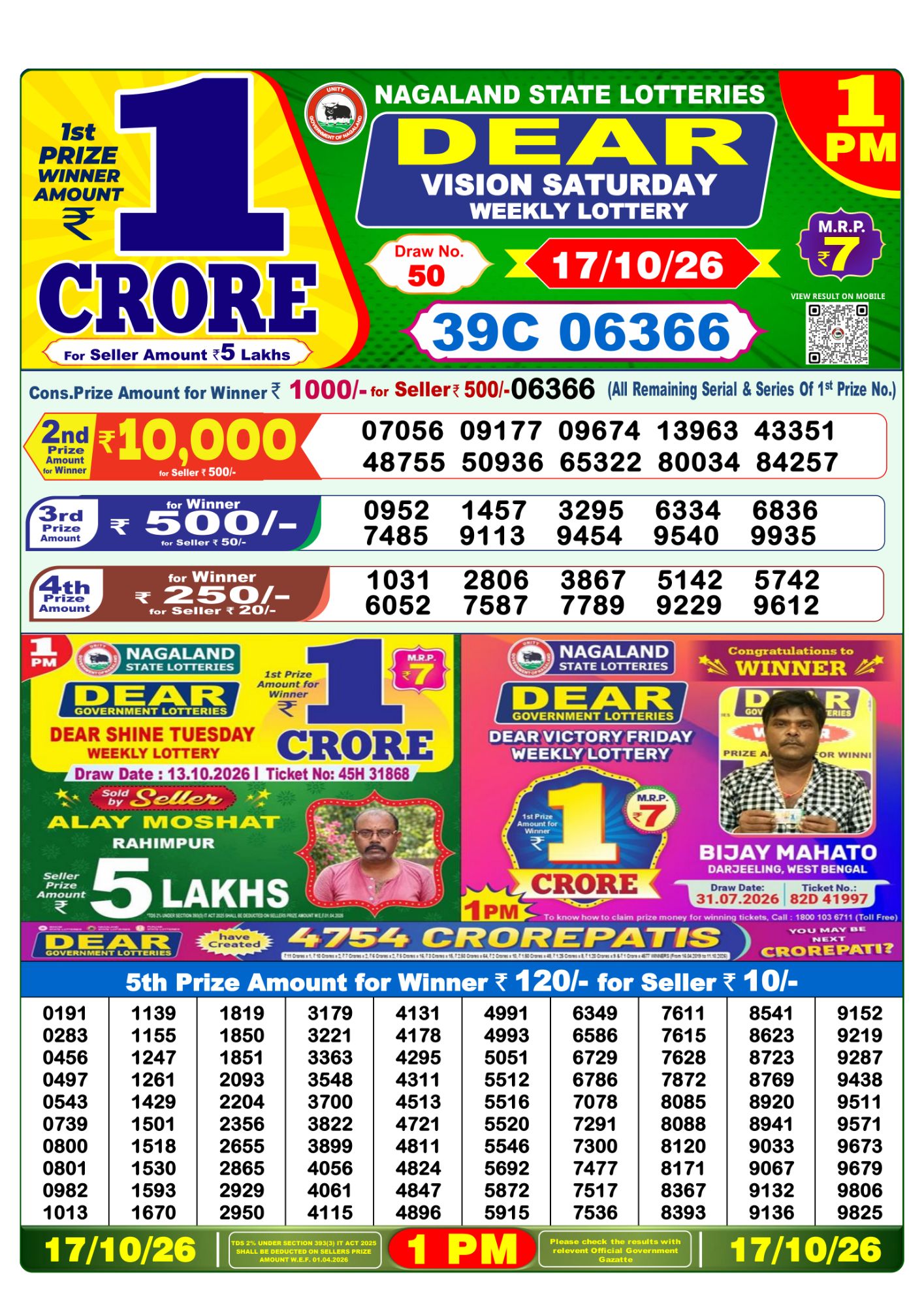 Dear Lottery 1PM Result
